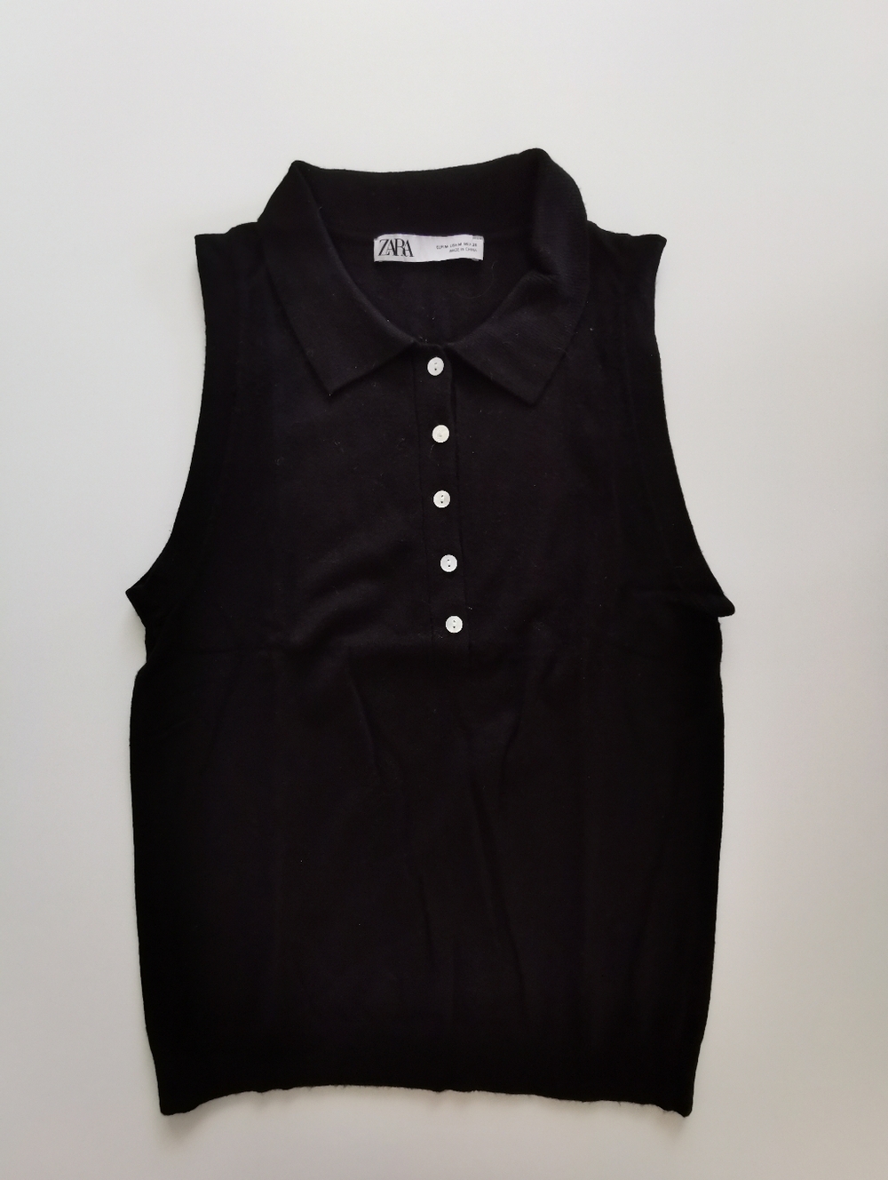 ZARA Black Sleeveless Polo Collar Quarter Button-Up Knit Tank Top